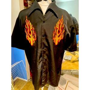 Vintage Dragonfly‎ Embroidered Flame Collar Dress Shirt~Size L~Short Sleeve